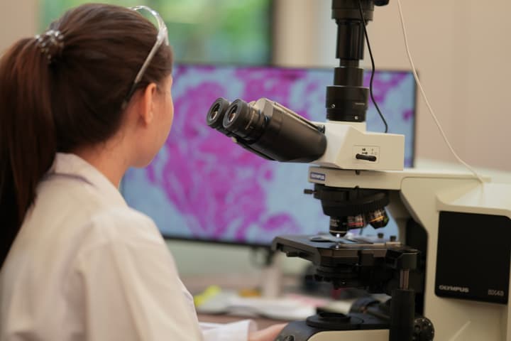 a biomedical researcher uses a high-powered telescope.